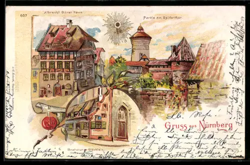 Sonnenschein-AK Nürnberg, Albrecht Dürer Haus, Partie am Spittlertor, Bratwurstglöcklein