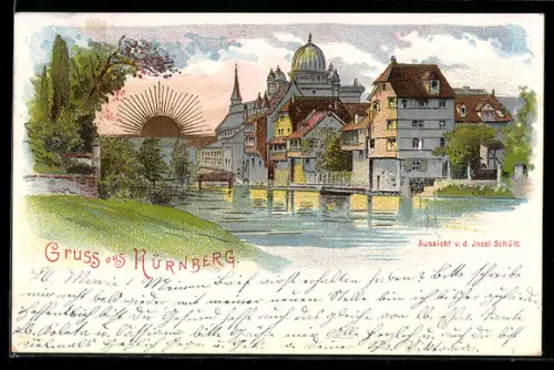 Sonnenschein-AK Nürnberg, Aussicht von der Insel Schütt mit Synagoge