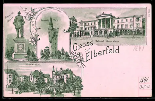 Lithographie Elberfeld, Bahnhof Döppersberg, Werthbach Turm, Bismarck-Denkmal, Victoriaplatz