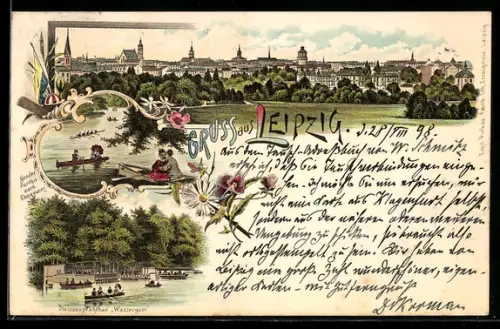 Lithographie Leipzig, Ortspanorama, Pleissenpfahlbau Wassergott, Gondelpartie