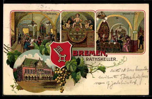 Lithographie Bremen, Ratskeller, Echo-Saal, Grosse Halle, Rathaus