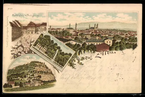 Lithographie Zittau, Marktplatz mit Amtsgericht, Berg Oybin, Schillerdenkmal