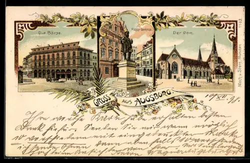 Lithographie Augsburg, Börse, Fugger-Denkmal, Dom