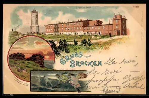 Lithographie Brocken, Brockenhaus, Teufelskanzel, Walpurgisnacht