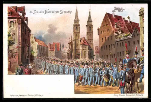 Lithographie Nürnberg, Die alte Nürnberger Landwehr, Kirchen, Parade