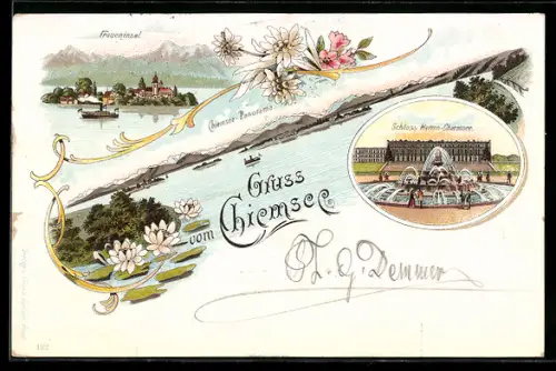 Lithographie Chiemsee, Fraueninsel, Chiemsee-Panorama, Schloss Herren-Chiemsee