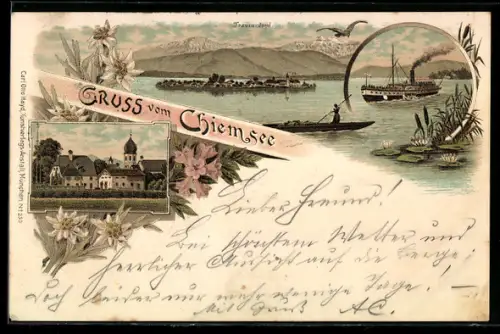 Lithographie Chiemsee, Fraueninsel, Dampfschiff, Alpenpanorama