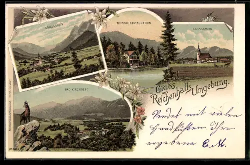 Lithographie Bad Reichenhall, Thumsee Restauration, Grossgmain, Bad Kirchberg, Landschaftsansichten