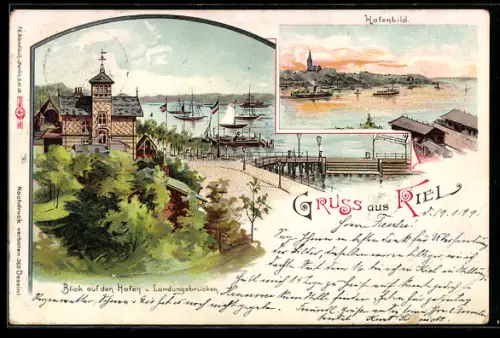 Lithographie Kiel, Hafen, Landungsbrücken, Hafenbild