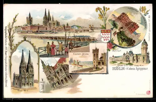 Lithographie Köln, Dom, Eisenbahnbrücke, Rathaus, Hohenzollernfestung, Bahnhof