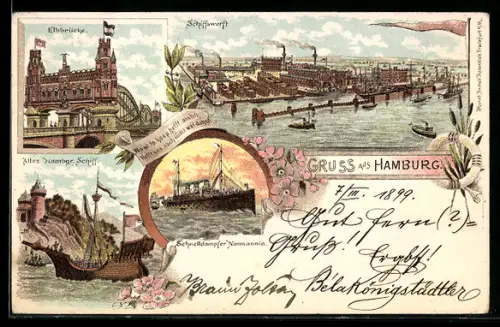 Lithographie Hamburg-Rothenburgsort, Elbbrücke, Schiffswerft, Schnelldampfer Normannia