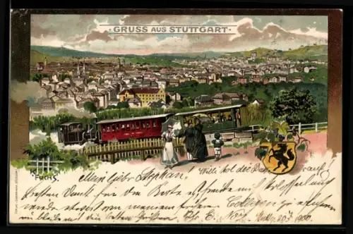 Lithographie Stuttgart, Stadtpanorama, Zahnradbahn