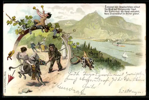 Lithographie Drachenfels, Blick auf Königswinter, Rhein, Weinlese-Szene