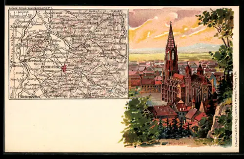 Lithographie Freiburg, Münster, Stadtansicht, Karte mit Umgebungskarte