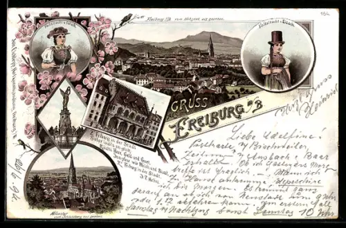 Lithographie Freiburg i. B., Münster, Siegesdenkmal, Rathaus, Trachten