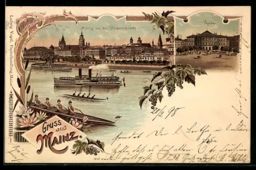 Lithographie Mainz, Ansicht der Stadt mit Strassenbrücke und Regatta