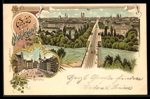 Lithographie München, Marienplatz, Stadtpanorama, Brücke über die Isar