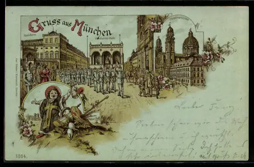 Lithographie München, Residenz, Feldherrnhalle, Theatinerkirche, Münchner Kindl