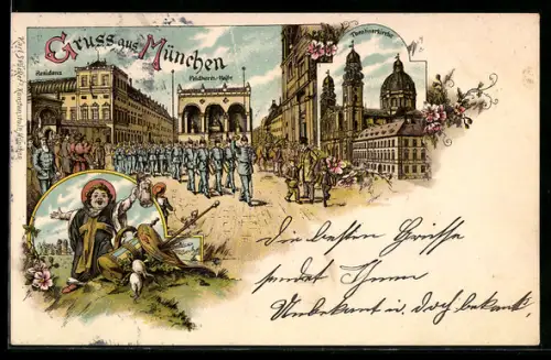Lithographie München, Residenz, Feldherrnhalle, Theatinerkirche, Münchner Kindl