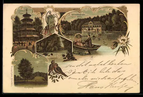 Lithographie München-Schwabing, Chinesischer Turm, Überfälle, Manopteros