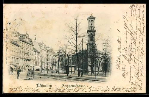 AK München, Sonnenstrasse, Hotel Pfeffer, Kirche