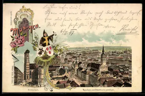 Goldfenster-Lithographie München, Domfreiheit und Totalansicht vom Frauenturm aus gesehen