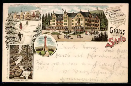 Lithographie Bühl, Gasthaus Sand, Gertelbach Wasserfälle