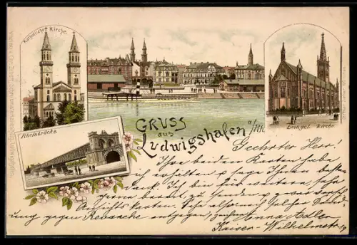 Lithographie Ludwigshafen, Evangl. Kirche, Rheinbrücke, Katholische Kirche, Ortsansicht