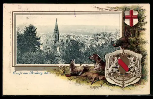 Passepartout-Lithographie Freiburg i. B., Totalansicht, Wappen