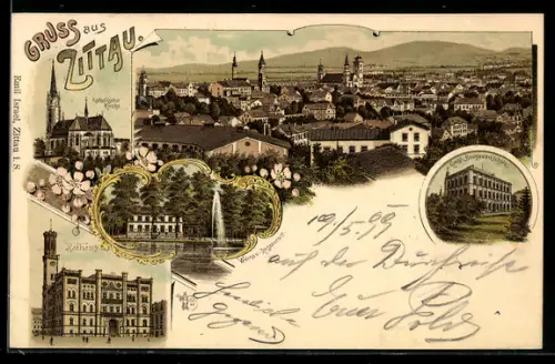 Lithographie Zittau i. Sa., Rathaus, Restaurant, Baugewerkschule, Gesamtansicht