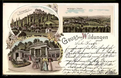 Lithographie Wildungen, Teilansicht von Westen, Königsquelle mit Schloss Friedrichstein, Helenenquelle