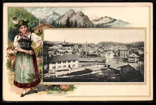 Passepartout-Lithographie Miesbach, Teilansicht, Bäuerin in Tracht