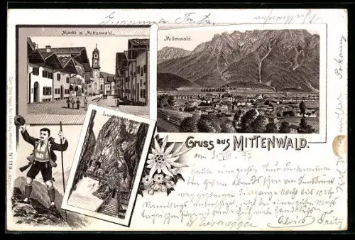 Lithographie Mittenwald, Gesamtansicht, Markt, Leutaschklamm und Wanderer