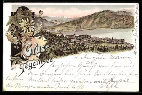 Lithographie Tegernsee, Panorama mit Ort, See und Bergen