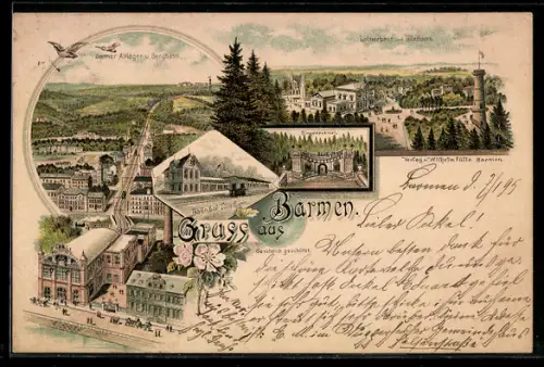 Vorläufer-Lithographie Barmen, 1895, Luftkurhaus und Tölleturm, Bahnhof, Barmer Anlagen und Bergbahn