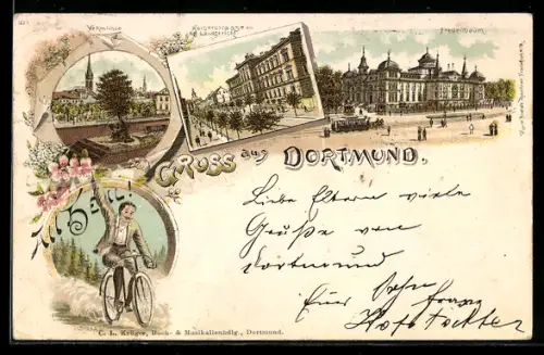 Lithographie Dortmund, Fredenbaum mit Pferdebahn, Kgl. Landgericht in der Kaiserstrasse, Vehmlinde