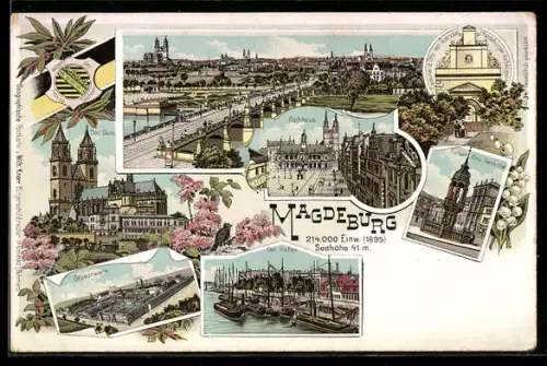 Lithographie Magdeburg, Der Dom, Rathhaus, Kaiser Otto Denkmal