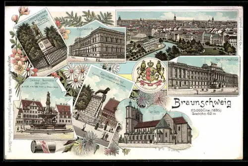 Lithographie Braunschweig, Totalansicht, Polytechnik, Denkmal Heinrichs des Löwen, Löwendenkmal, Der Dom