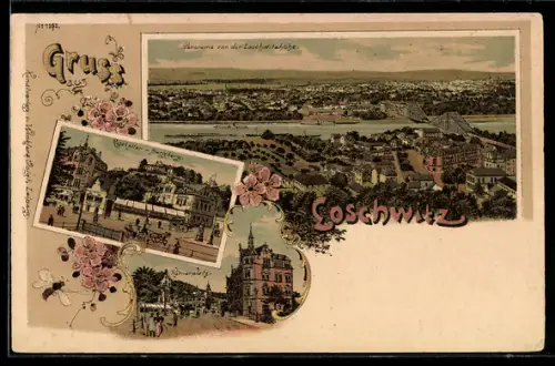 Lithographie Dresden-Loschwitz, Ratskeller und Burgberg, Körnerplatz, Panorama