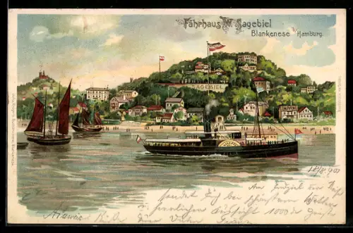 Lithographie Hamburg-Blankenese, Teilansicht mit Gasthof Fährhaus W. Sagebiel, Dampfer auf der Elbe