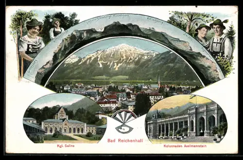 Grusskarten-AK Bad Reichenhall, Teilansicht mit Kirche, Kgl. Saline, Kolonnaden Axelmannstein, Rauschberg, Zwiesel