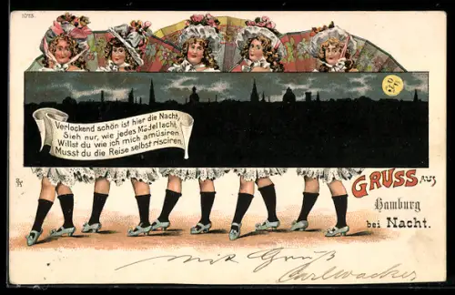 Lithographie Fünf Tänzerinnen zeigen Bein, Bild mit dem Panorama einer Stadt