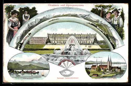 Grusskarten-AK Chiemsee, Schloss Herrenchiemsee, Fraueninsel, Herreninsel i. Jahre 1625, Alpenpanorama mit Hochplatte