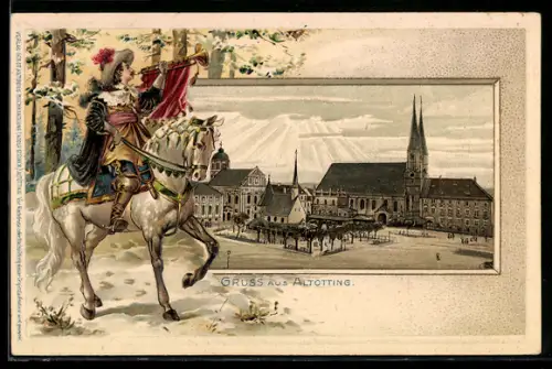 Passepartout-Lithographie Altötting, Der Trompeter von Säckingen zu Pferd