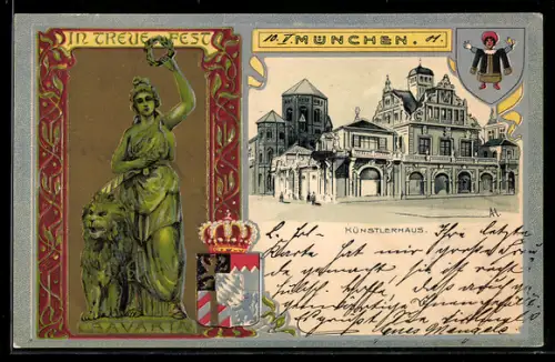 Passepartout-Lithographie München, Künstlerhaus, Bavaria mit Löwen, Wappen