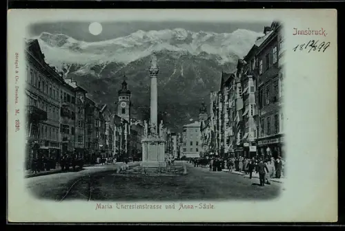 Mondschein-AK Innsbruck, Maria-Theresien-Strasse mit Anna-Säule