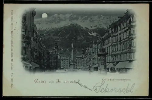 Mondschein-AK Innsbruck, Maria-Theresienstrasse