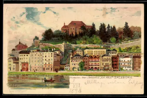 Lithographie Salzburg, Ortsansicht m. Festung v. Gast- und Brauhaus Zur Hölle