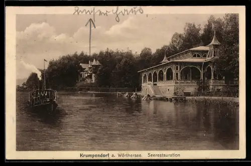 AK Krumpendorf a. Wörthersee, Villa, Seerestaurant, Dampfer