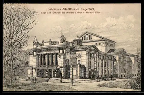 Künstler-AK Klagenfurt, Jubiläums-Stadttheater, Entwurfszeichnung